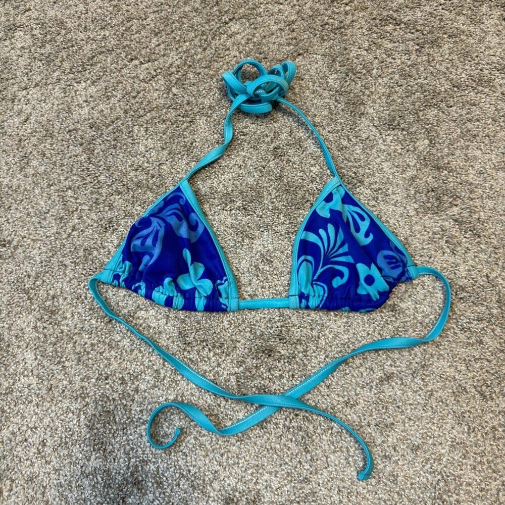 90s Vintage Bikini Top Swimsuit 13 14 XL Blue Hawaiian Tropical Hibiscus Floral